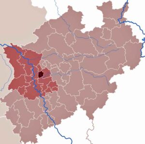 In der Stadt Mülheim an der Ruhr und anderen Teilen von Nordrhein-Westfalen wird die asiatische Hornisse Vespa velutina nigrithorax früher oder später auftauchen. (Karte: TUBS/Wikimedia)