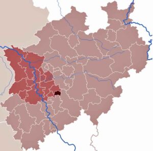 In der Stadt Remscheid und anderen Teilen von Nordrhein-Westfalen wird die asiatische Hornisse Vespa velutina nigrithorax früher oder später auftauchen. (Karte: TUBS/Wikimedia)